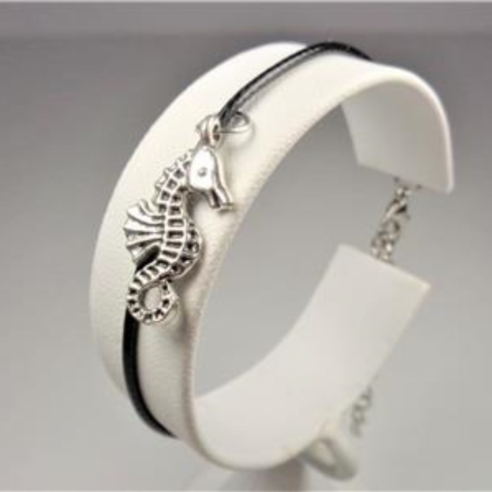 NAUTICAL SEA HORSE BLACK LEATHER SEA LIFE BRACELET